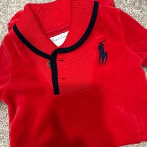 Ralph Lauren red velour footed onsie with Navy Accents and polo logo